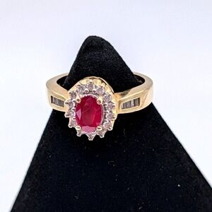 THL 14K Yellow Gold Ruby Diamond Halo Ring‎ Baguette Accents Size 7.25